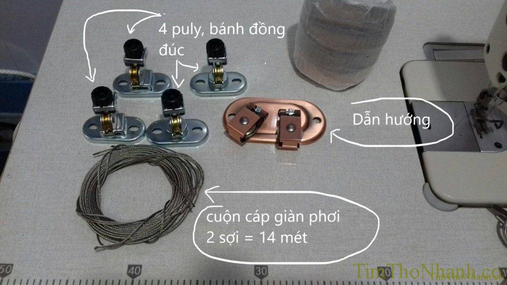 Bộ phụ kiện  giàn phơi gồm dây cáp, dẫn hướng và puly ròng rọc